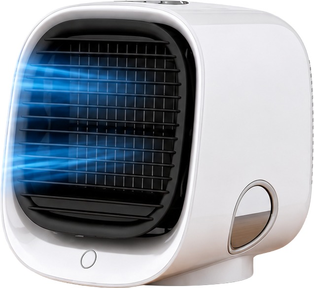 FrostyPure Portable Air Cooler unit with blue airflow